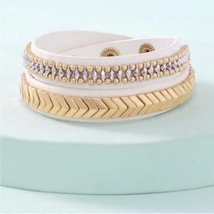 Stella & Dot Gilded Path Leather Wrap Bracelet White and Gold